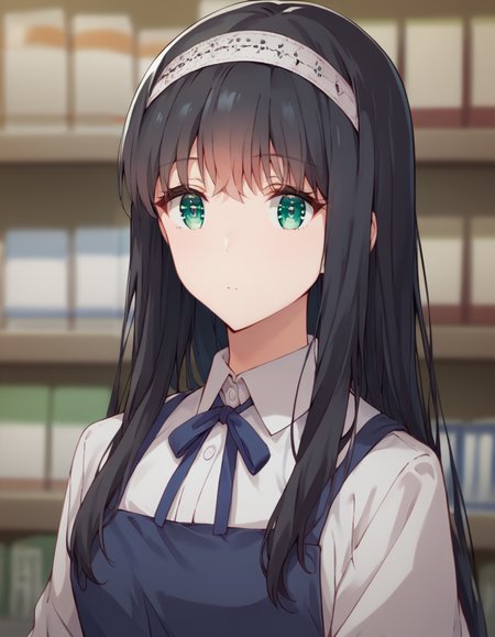 score_9, score_8_up, score_7_up, source_anime,
1girl, solo, looking at viewer, blurry background, book shop, portrait,
<lora:shiori_yomiuri_anime_v3-soralz:1>,
shiori yomiuri, black hair, long hair, sidelocks, white hairband, green eyes,
work uniform, blue apron, blue neck ribbon, white collared shirt,