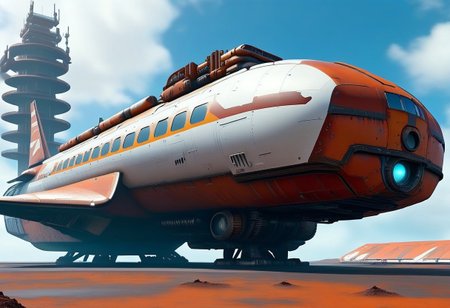 sci-fi, aJed-Rst spaceport, tarmac, landing pads, (Rusty ship hanger, Rusty tower, (((beautiful, hyper realistic, high quality, highly detailed))), sleek Rusty neotech spacecraft (freighter), vehicle focus, zoom out,