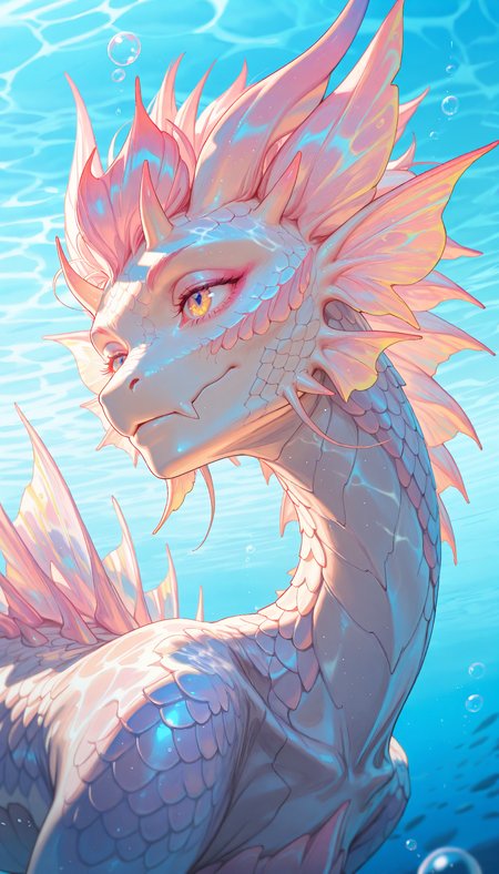 (masterpiece, gradient, recent, good_quality, high_quality, newest, very aesthetic, blurry_background, depth_of_field, vibrant colors, abstract_background, colorful, anime_coloring, vectortrace, flat_colors) 
(mizutsune, dragonkin, eyelashes, eyeshadow, fisheye, foreshortening, close-up, eye_focus, lighting, shadows, caustics, bubbles, underwater, iridescent_body, pastel colors, godrays, day, two_tone_scales, no humans, particle effects, detailed background, fantasy, perspective)