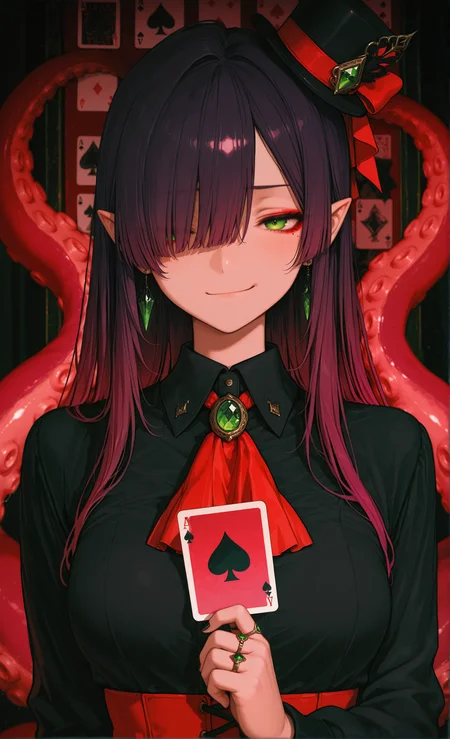 masterpiece, sharp detail, intricate detail, 1girl, medium breasts,  (dark deep purple upper hair), gradient hair, red eyeliner, (green tips), long hair, pointy ears, vivid green eyes, scylla, monster girl, 4 thin long purple tentacles growing from back, long sleeves, hat, holding, closed mouth, smirk, straight-on,  jewelry, upper body, earrings, collared shirt, hand up, nail polish, hair over one eye, black shirt, fingernails, ascot, ring, black nails, gem, brooch, one eye covered, top hat, red theme, mini hat, card, dark, tilted headwear, playing card, diamond \(shape\), holding card, spade \(shape\), maroon theme, ace \(playing card\), club \(shape\), diamond \(gemstone\), ace of spades, <lora:aosiai123_style:0.8> traditional media,  aosiai123_illu, chiaroscuro, volumetric lighting, dappled light, dramatic shadows, cinematic lighting, detailed background,  <lora:NOOB_vp1_detailer_by_volnovik_v1:0.7> <lora:illustriousXL_stabilizer_v1.23:0.8>,