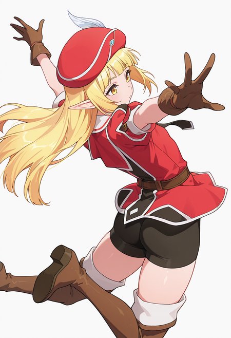Smooth Quality,masterpiece,very intricate, high quality details, ultra realistic, high detailed skin,detailed enviorement,absurdres,
reaching,solo,
 <lora:Rune_Noma_CNR:0.8> rune_cnr, pointy ears, blonde hair, long hair, yellow eyes, blunt bangs, elf, thighhighs, thigh boots, shorts, gloves, red hat, hat feather, beret, short sleeves, necktie,, simple background, white background, from behind,
jumping, arms raised, legs bent, happy face, energetic posture,  ,, :/,