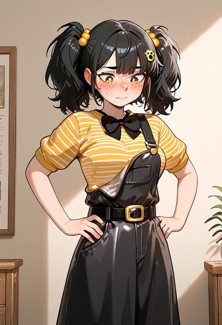 masterpiece, best quality, amazing quality, very aesthetic, absurdres, newest, detailed background, foreground blur, (( cartoon,  )),
cassidythat, 1girl, solo, black hair, striped yellow shirt, twintails, hair ornament, black bowtie freckles, short sleeves, belt buckle,, black skirt overalls, medium breasts, hands on hips, 
,  one strap broken, looking at chest, embarrassed, blushing, looking down,