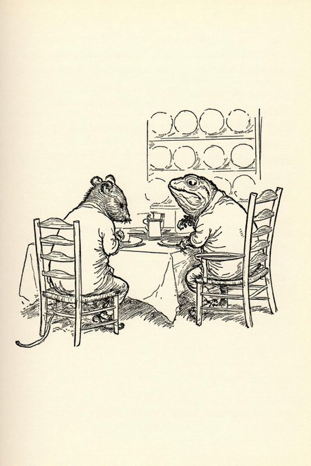 ehshep1 sketch.
The scene depicts two anthropomorphic animals, a rat and a toad, seated at a table in what appears to be a quaint, rustic dining area. On the left we see the back view of the rat, on the left, is sitting on a wooden chair with a slatted back and seat. On the right the toad is show in side profile, turning his head to look at the rat. <lora:ehshep2_cap_d6a3e12:1.0><lora:825898971235885168:0>