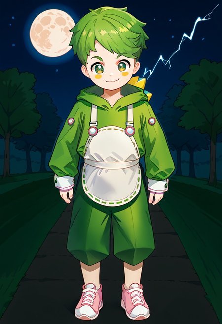 score_9, score_8_up, score_7_up, highly detailed, CuteCartoonStyle, cute boy, 1boy, solo,  AwanoPB, 1boy, green hair, green iris, brown pupils, yellow blush, white suspenders, white round belly apron, short-sleeved green hoodie with white accents, long fingerless pink arm warmers, green pants, pink sneakers, white outsoles, <lora:AwanoPB:1>, at night, full moon, running, electricity, motion blur, green electricity, smug smile, green eyes, glowing eyes,
DSCStyle, round eyes, exaggerated proportions, cartoonish features, anime-inspired, cute aesthetics, cartoonish proportions, stylized anatomy, soft shading, warm color palette, semi-flat coloring, vibrant tones, warm and inviting tones, playful expressions, expressive poses, minimal texture, polished finish, whimsical atmosphere, smooth lines, glossy highlights, minimal detail, clean outlines, consistent line weight, gentle highlights,