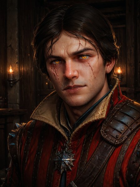 score_9, score_8_up, score_7_up, source_anime, highly detailed, tw3eskel, 1boy, male focus, solo, dark hair, middle part hair, light skin, scar, blood, yellow eyes, vertical slit pupils, brown and red striped spiked gambeson, yellow collar,  <lora:Eskel_-_The_Witcher_Pony:0.85>  <lora:Pony_DetailV2.0:1.65>