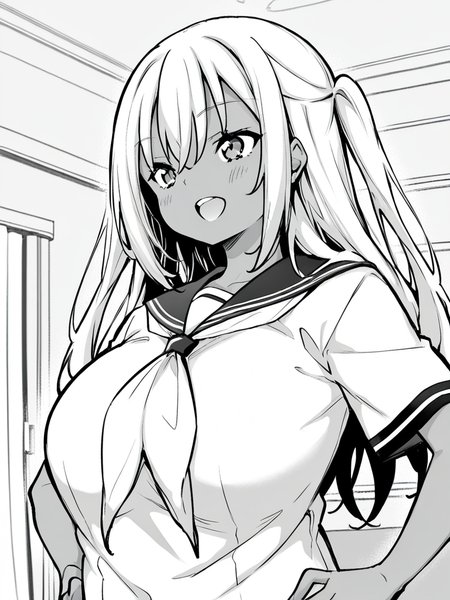 score_9, score_8_up, score_7_up,  
1girl, monochrome, mio ai, dark-skinned female, large breasts, long hair, two side up, white hair,

standing, upper body, hands on hips, smile, open mouth, 
school uniform, serafuku, short sleeves,  indoors, solo, living room,