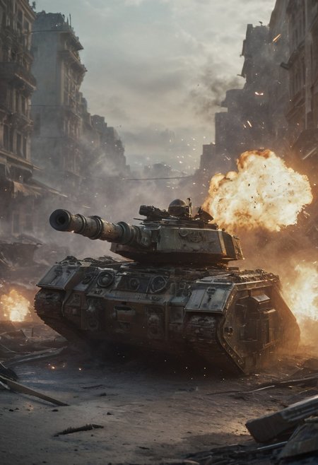 cyberpunk, Hyperdetailed, Omnipresent, Beautiful, , otherworldly,score_9, score_8_up, score_7_up, depth of field, detailed, solo, high resolution, 8kA visceral snapshot of a lmnrsstnk tank in the thick of combat, its armor scorched and dented from enemy fire. The tank pushes forward through a devastated cityscape, its main cannon blasting away obstacles and foes alike. Infantry soldiers rally around it, using the tank as a moving bastion against the onslaught. This moment captures the Leman Russ as the backbone of the Imperial Guard's might, Battlefield landscape background,volumetric cinematic lighting,highly detailed armor,, (masterpiece), (realistic), 8k, RAW photo, octane render, volumetrics, (film grain, bokeh), Battle background, weapons, fire, explosions,Dynamic Angles: Use dramatic camera angles,