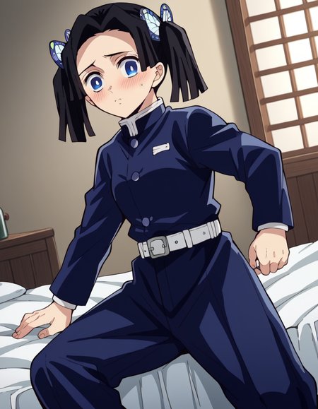 score_9, score_8_up, score_7_up, source_anime,
aoikanzaki, <lora:aoi-kanzaki-anime-ponyxl-lora-nochekaiser:1>,
aoi kanzaki, blue eyes, black hair, hair ornament, twintails, butterfly hair ornament,
long sleeves, belt, pants, blue jacket, white belt, demon slayer uniform, blue pants,
indoors, bed, bed room, on side, blush, drunk,
solo, looking at viewer, cowboy shot, dutch angle,