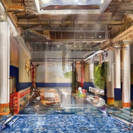 (masterpiece:1.2), (best quality,:1.2), 8k, HDR, ultra detailed, ((photorealistic)), professional light, cinematic lighting, fashion photography, ambient lighting, face lighting, <lora:detail_slider_v4:1>, Fantasy picture, OverallDetail, ancient roman room with columns and a skylight above it and a pool in the middle of the room with a blue floor, RomInt, <lora:RomanInterior-10:1>, epiCPhoto