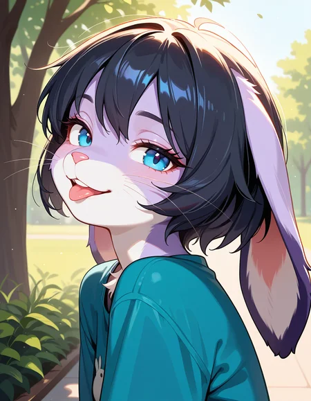 masterpiece, best quality, very aesthetic, absurdres,
outdoors, casual, 
upper body, headshot, from side, tongue out, 
 seductive smile, parted lips, long eyelashes,
m4rl3nn3,1girl,solo,furry,furry female,black hair,short hair,rabbit ears,blue eyes,animal nose,whiskers,body fur,purple fur,