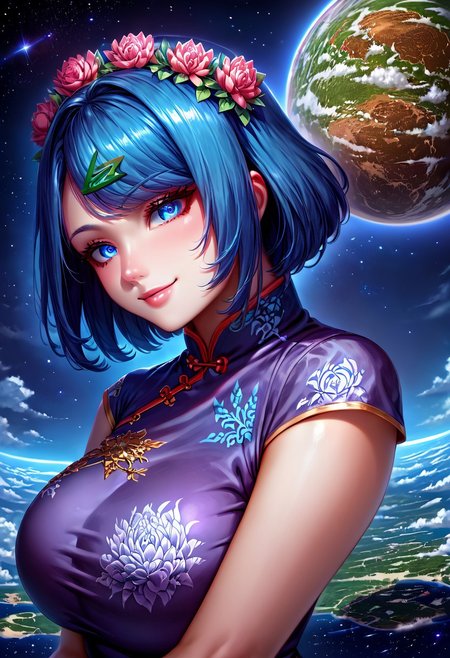 gorgeous lips, cinematic, (masterpiece), (best quality), (ultra-detailed), very aesthetic, perfect composition, intricate details, absurdres, detailed face, (anime, masterpiece, intricate:1.3), (best quality, hires textures, high detail:1.2), score_9, score_8_up, source_anime, 1girl, Liko, blue hair, short hair, green hairclip, blue eyes, very long hair, crystals, flower crown, ruanyi0604, purple dress, china dress, floral print, crystal stiletto high heels, large breasts, facial expression, loving, flirting, amused, smiling, head tilt, soft eyes, jvdaniang, goddess, planet size, giantess, giantess in space, in space, giant goddess, humongous body, lying down on planet, giantess lying down on planet, space, galaxies, small planets, floating objects, gradient eyes, beautiful detailed eyes, Side view, solo, (masterpiece:1.4), (best quality:1.4), (ultra-detailed:1.2), gl0w, glow, Extreme Size Difference,