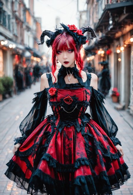 <lora:Illustrious_Realistic_Fashion_Collection_-_Gothic_Lita:1> girl wearing a gothic fashion dress, on the street, black and red dress with roses, subsurface scathering, depth of field, skin pores, detailed skin, masterpiece, best quality, newest, absurdres, highres, feeling, impact, very awa, dim lighting, sidelighting, skindentation, amazing quality, scenery, very aesthetic, newest, volumetric lighting, blending, <lora:add-detail-xl:1> <lora:cfg_scale_boost:1> <lora:sdxl_enhance:1> <lora:spo_sdxl_10ep_4k-data_lora_webui:1>
