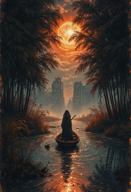 linquivera,  Ink illustration, (anime:0.5), brown tones, aged black red paper,Acer japonicum, inkpunk, moonlight,surreal, a ghost standing on a boat in swampy wetlands, (at a distance), Will-o'-the-wisp, The city is in the background,moonlit, lonely, solitude, windy, tall trees, samurai sword fight,willows, willowy,  OverallDetail, bamboo grove,extremely detailed, UHD,(long exposure , dystopian but extremely beautiful:1.4),