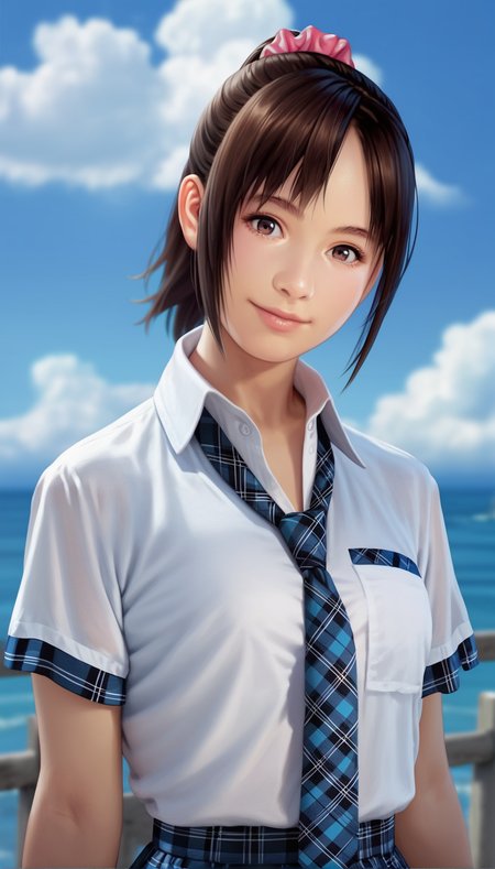 score_9,score_8_up,score_7_up,<lora:MiiyamotoHikari:0.9>,
miiyamotohikari,
highres,photorealism,
1girl,solo,black hair,ponytail,bangs,pink scrunchie,
brown eyes,looking at viewer,smile,
white collar shirt,blue plaid necktie,blue plaid skirt,
upper body,waving, head tilt,  
blurry background,outdoors,blue sky,ocean,cloud,sea fence,distant mountains,clear blue sky,soft clouds drifting,summer,