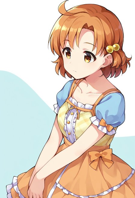 score_9, score_8, score_7, source_anime, yabuki kana, bow, dress, hair ornament, frills, hair bobbles, collarbone, jewelry, ribbon, closed mouth, short sleeves