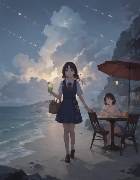 score_9_up, score_9, score_8_up, score_7_up, rating_explicit, , lora:748cmSDXL:1, best quality, masterpiece, perfect composition, official art, 748cmstyle, 1girl, diamond necklace, charm bracelets, holding a margarita in a wide brimmed coupette glass, margaarta glass, salted rim, mint green color drink, lime wedge on rim, looking at viewer, cute smile, dynamic pose, standing, beach scenery, seaside, twilight, bay, rocks, umbrella, beach chairs, beach lights, city lights in the distance, white plastic table, midnight blue sky with gold streaks, clouds, volumetric lighting, perfect lighting, correct illumination, dark lighting, warm light, chiaroscuro,, Expressiveh, concept art, realistic,, Nano Shinonome, Black hair, Short twin tails, Large winding key on back, Blue eyes, Fair skin, Red ribbon hair ties, School uniform, White socks, Brown loafers, shinonome nano