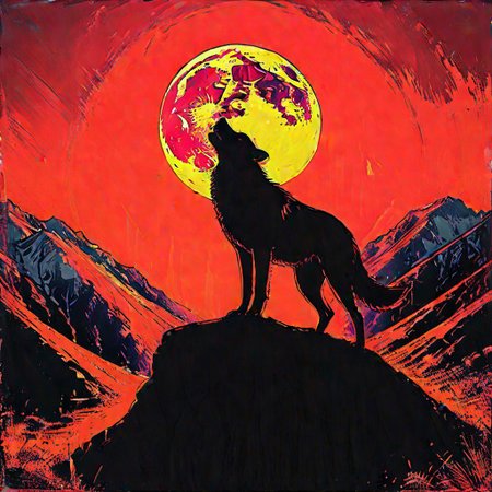 impactful color paint of, 1 Wolf standing on top of a cliff under 1 red moon, howling, black silhouette  red moon, black cliff, black  sky, highly detailed, vibrant colors, 8k, sharp, professional, clear, high contrast, high saturated, vivid deep blacks, crystal clear