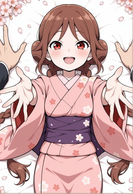 masterpiece,best quality,amazing quality, anime coloring, flat colors,
<lora:NoobV065sHyperDmd:.5>,
 <lora:tachibana_yuzuki_meipaws:.9> 1girl, japanese clothes, brown hair, floral print, pink kimono, smile, blush, 1boy, falling petals, on back, open mouth, purple sash, (((pattern))), lying, print kimono, reaching towards viewer, cherry blossoms, solo focus, long hair, looking at viewer, twin braids, :d, red eyes, wide sleeves, outstretched arms, outstretched hand, low twin braids, double bun, hair bun