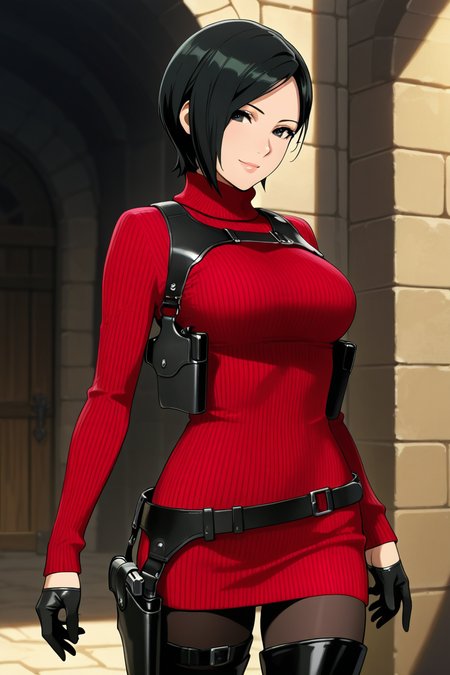 <lora:ada_wong_re_illus:0.7> ada wong, black hair, short hair, black eyes, large breasts, red sweater, turtleneck, chest harness, pantyhose, black gloves, half gloves, black belt, pistol holster, 1girl, solo, looking at viewer, smile, thighhighs, jewelry,  standing, weapon, boots, belt, black footwear, lips, gun, thigh boots, bob cut, high heel boots, sweater dress, thigh holster,  shoulder holster, black thighhighs, anime coloring, pistol holster on belt, medieval cities, more detail, cowboy shot,