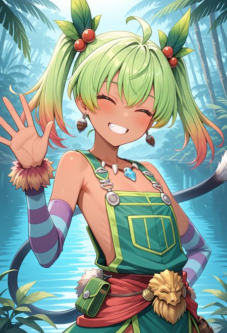 highres, best quality, masterpiece, jungle, lake,
1girl, solo, ys8rico, green hair, gradient hair, twintails, dark-skinned female, leaf hair ornament, hair bobbles, ahoge, earrings, flat chest, fang,
riys8def, green overalls, overall skirt, bare shoulders, jewelry, tooth necklace, detached sleeves, striped sleeves, arm warmers, red clothes around waist, pouch, tail, 
looking at viewer, blush, smile, closed eyes, teeth,
upper body, waving,
<lora:_ricotta_ys8-elesico-ilxl:1>
