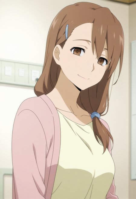 1girl,solo,Touko,mature female,brown hair,long hair,brown eyes,hairclip,anime coloring,
shirt, upper body, looking at viewer, indoors, smile, 
,masterpiece,best quality,amazing quality,<lora:Touko_Yadomi-Anohana:0.8>