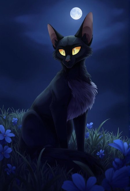 <lora:ck-LttleGhost-000011.safetensors:1> in the style of ck-lttlegh0stIn a digitally rendered twilight scene, a serene black kitten sits amidst delicate blue flowers and grass, its golden eyes shining with an ethereal light. Silky fur ripples in lunar glow, while whiskers twitch subtly as it gazes into the distance, exuding gentle wonder and tranquility.