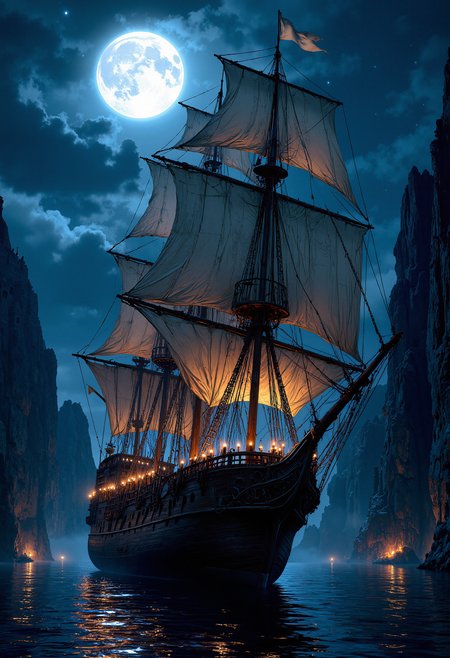 A large, old-fashioned sailing ship with tall masts and multiple sails, illuminated by a soft, warm light. The ship is made of dark, weathered wood, with intricate carvings along the sides. The sails are white, slightly worn and billowing in the wind. The ship's hull reflects the moonlight as it moves slowly through calm waters. The scene is set at night, under a massive, glowing full moon that lights up the sky. Dark, jagged cliffs rise in the background, partially hidden in shadows. The atmosphere is mystical, with a deep blue sky, scattered stars, and soft, glowing reflections in the water. The ship is the central focus, majestic and awe-inspiring, creating a serene yet adventurous mood.   <lora:FluxMythP0rtr4itStyle:0.8> MythP0rt,  <lora:aidmaImageUpgrader-FLUX-V0.1:0.33> detailmaximizer,  <lora:aidmaMJ6.1-FLUX-V0.1:0.6> midjourneyv6.1,