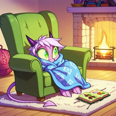 Dreamkeepers,1girl,Prelude_Namah,solo,demon tail, green eyes, horns, 
child, kid, 
knitting_needles, yarn_ball, blanket, armchair, fireplace, slippers, wool, pattern_book, A cozy evening by a crackling fireplace, someone curled up in an armchair, needles clicking as they knit rows of a soft blanket. Yarn roll slightly on the floor, a coffee mug steams on a side table, and a pattern book lies open nearby