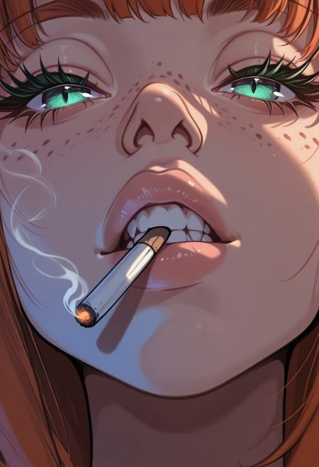 PSC0DLIK_STL, masterpiece, best quality, very aesthetic, high resolution, ultra-detailed, absurdres, newest, perfect lighting, hi res, amazing quality, very awa, psc0dlik_stl, 1girl, solo, cigarette, looking at viewer, freckles, close-up, lips, smoking, eyelashes, portrait, bangs, mouth hold, piercing