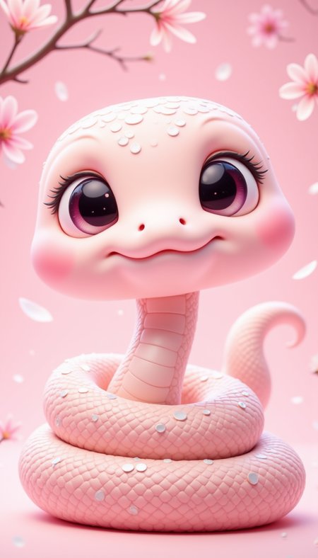 pinkchibisnakeyear,
A pastel peach chibi snake with tiny white sakura petals on its body, coiled gracefully on a soft pink cushion. The background features delicate cherry blossoms floating in the air.
