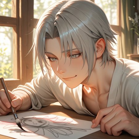 masterpiece, best quality, amazing quality, absurdres, newest, detailed background, definition so sharp, Ultra-HD, 8K cinematic, very awa, impressionate, amazing quality, highres, 
solo, male focus, manly, 
yashiroisana, 1boy, short hair, parted bangs, shiro_pretime, shiro_grey hair, shiro_grey eyes, drawing, focused expression, but with a slight smile, calm, art studio, natural light, paintbrushes, colorful, playful, aesthetic, creative
