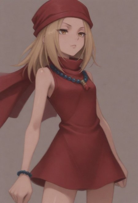 masterpiece, best quality, amazing quality,,, shiny skin,,,,,kojiann, short hair, blonde hair, brown eyes, short dress, sleeveless, bead necklace, red bandana, bracelet, <lora:Anna IXL 2-000013:1>