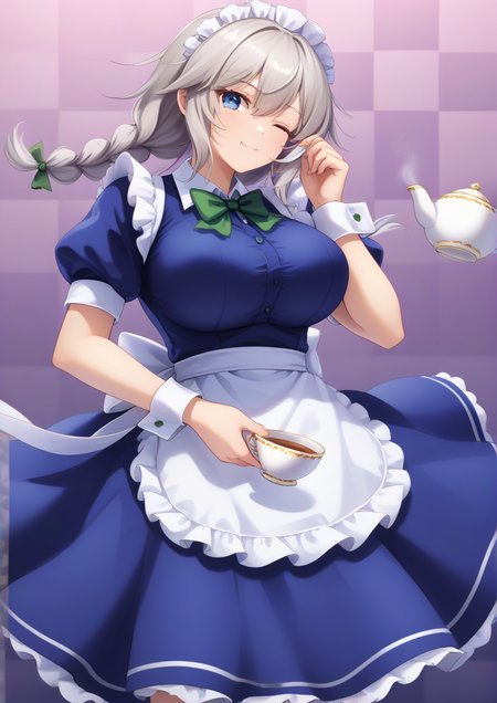 1girl, izayoi sakuya, huge breast, , apron, blue dress, blue eyes, bow, bowtie, braid, checkered background, closed mouth, cup, dress, green bow, green bowtie, green ribbon, grey hair, hair ribbon, maid, maid headdress, one eye closed, puffy sleeves, ribbon, short sleeves, smile, solo, tea set, teacup, teapot, twin braids, waist apron, handfixer <lora:HandFixer_pdxl_Incrs_v1:1> <lora:Zzo0:0.8>
