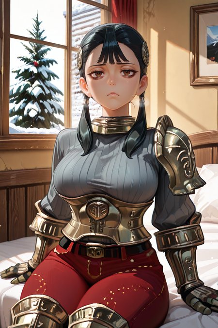 <lora:ChamIllustriousBackgroundEnhancer:0.5>, masterpiece, very aesthetic, absurdres, best quality, amazing quality, high resolution, newest, very awa, scenery,  looking at viewer,  <lora:spo_sdxl_10ep_4k-data_lora_Illustrious:0.8> <lora:StabilizerIllustrious:0.8> , masterpiece, beautifully drawn, elegantly detailed,   <lora:AsheiIL:0.8> , AshDef, 1girl, black hair, twintails, hair over shoulder, brown eyes, bags under eyes, hair ornament, gorget, grey sweater, ribbed sweater, single pauldron, armored corset, silver corset, silver gauntlets, red pants, belt, silver greaves, face focus, frown, solo, interior, bedroom, winter, window, fancy room, sitting,