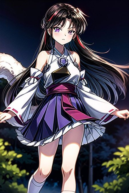 masterpiece,  best quality 1girl Setsun4 solo long hair,  (night time) forest background black hair very long hair purple eyes multicolored hair armor (fur trim) (medium body),<lora:EMS-179-EMS:0.800000>,<lora:EMS-293862-EMS:0.800000>ascot, bare shoulders, black footwear, detached sleeves, embellished costume, frills, japanese clothes, nontraditional miko, red skirt, sandals, sarashi, skirt, socks, white sleeves, white socks, wide sleeves, yellow ascot, zouri, armor, miko