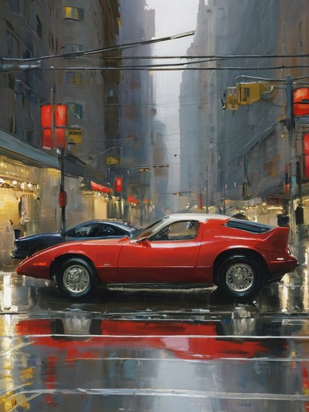 sargent,city,street,rainydayjp,surface reflection,automobile,sports_car,pedestrian,lights,<lora:sargent:0.85>,