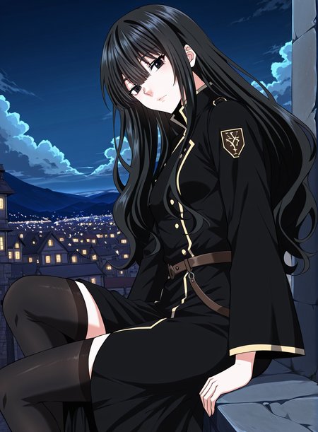 <lora:Kathyln_Glayder__The_Beginning_After_the_End__Illustrious-000009:1>
1 girl, solo, black eyes, brwon eyes, very long hair, black hair, bangs, wavy hair, ahoge, hair between eyes, small breasts, black uniform, long skirt, black thighhighs, balck footwear, sidelocks, long sleeves, belt, frills
score_9, score_8_up, score_7_up, score_6_up, source_anime, masterpiece, best quality, absurdres, highres, newest, anime coloring <break>  1girl, solo, sitting, on wall, from side, town, night sky, cloud, (head tilt:1.2) , looking at viewer, <lora:iLLMythG0thicL1nes:1>