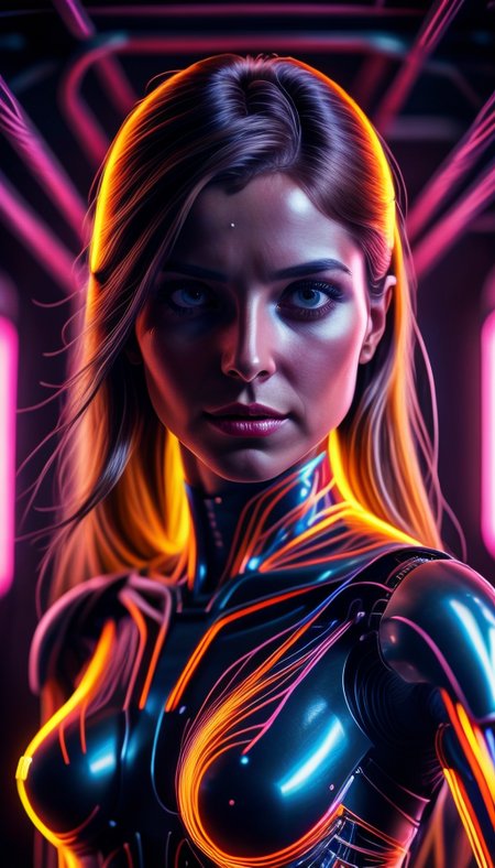 colorful chaos, vivid colors, striking visual design, <lora:add_detail:0.75>, <lora:sharpen-soften:-0.2>, <lora:stylesqueeze_v2:0.25>, <lora:realistic:0.25>,
1 girl, adult  woman, gorgeous, hazel eyes, auburn half-up half-down hairstyle, portrait, solo, upper body, looking at viewer, detailed background, detailed face, (<lora:1970RetroFuturism:0.6>, 1970retrofuturism, 1970s theme:1.1), android, cyborg, mechanical limbs, mechanical eyes, wires,  advanced technology, dynamic pose, emotionless,  artificial intellgience, steel, digital implants, nanobots, electronics, gadgets, powered by electricity, holograms, particle effects, bright  lights, neon colors, cables in background, cinematic atmosphere, <lora:isobug:0.75> <lora:speedy1p5:1.15>