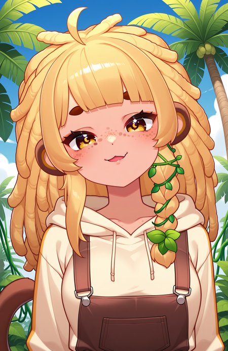 1girl, solo, <lora:BananaJuju_v2:1> bananajuju, long hair, dreadlocks, symbol in eye, side braid, blunt bangs, freckles, monkey ears, monkey tail, skin fang, blunt bangs, blonde hair, medium breasts, ahoge,
portrait, smug, parted lips, smile, :3, hoodie, hood down, brown overalls, jungle, vines, palm tree, blue sky,
