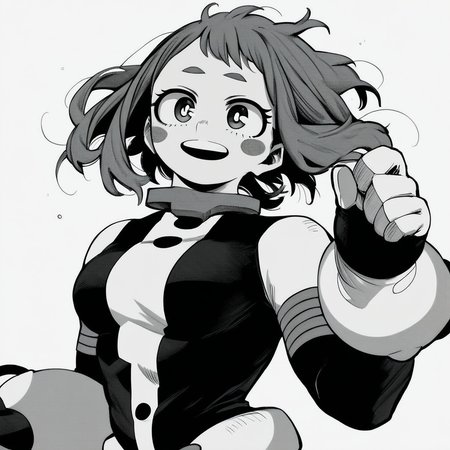 ochako_uraraka, 1girl, score_9, score_8_up, score_7_up, brown hair, brown eyes, white pupil, blush stickers, monochrome, greyscale, solo, smile, gloves, breasts, open mouth, bodysuit, white background, MANGASTYLE, ADULT
