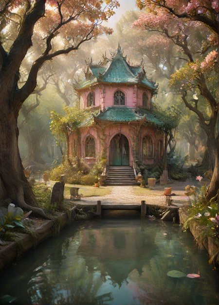 ethereal fantasy concept art of  magical fairy village, first light of dawn through a mangrove forest, warm radiance lighting, painted in hues of emerald, pink and lilac, fairies flit about preparing for the day, style of Kim Keever, style of Mikalojus Ciurlionis,  <lora:Happy_World:0.8> . magnificent, celestial, ethereal, painterly, epic, majestic, magical, fantasy art, cover art, dreamy