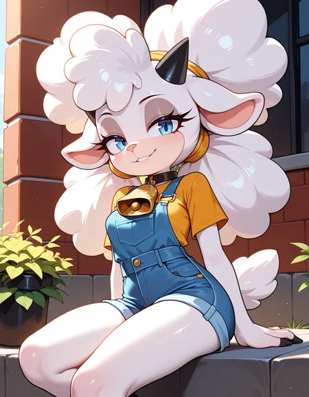 masterpiece, best quality, very aesthetic, absurdres,
outdoors, posing, 
casual, 
seductive smile, parted lips, long eyelashes,
 <lora:Lanolin_v01_NAIXL:1>
Lan0l1n,1girl,solo,furry,furry female,sheep girl,white hair,long hair,sheep ears,black horns,blue eyes,eyeshadow,animal nose,neck bell,body fur,white fur,sheep tail,hooves,