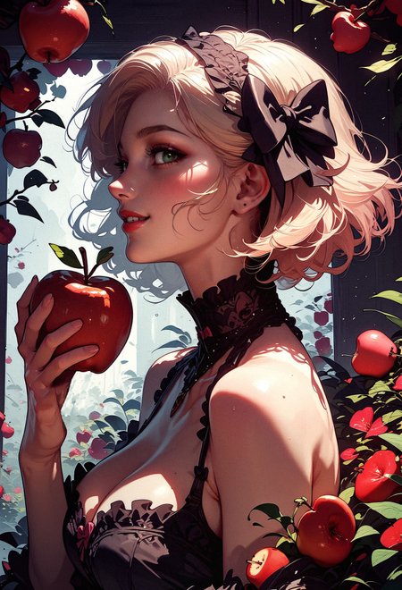 score_9, score_8_up, score_7_up,  woman, side view, looking at viewer, cute, pale skin, skinny, blonde hair, short hair, hair-bow, green eyes, black eye shade, red thin lip, smile, large breasts, cleavage, frilled dress, apples, apple tree,  <lora:pony/twilight_style:0.8> concept art, realistic, <lora:pony/expressiveh:0.8> expressiveh, <lora:pony/kenva:0.8> knva