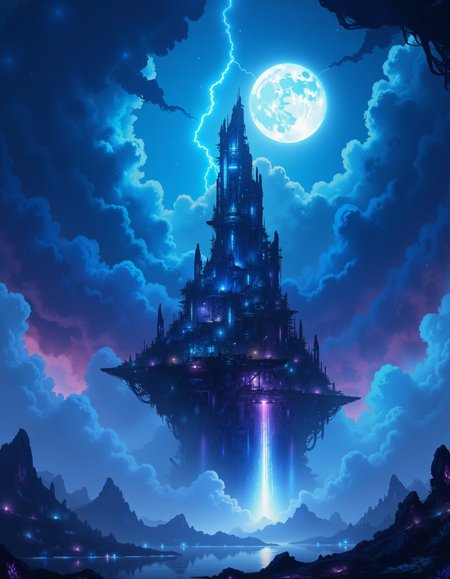 cyberpunk tower on an floating island in the night sky dark storm clouds  engulfing the island,  lightning,  cold moon, waterfall, hologram, neon lights<lora:ck-OneViolentFantasy:0.7> in the style of ck-ovf, <lora:ck-Sommo-Concept-Art:1> A digital painting in the style of ck-js,