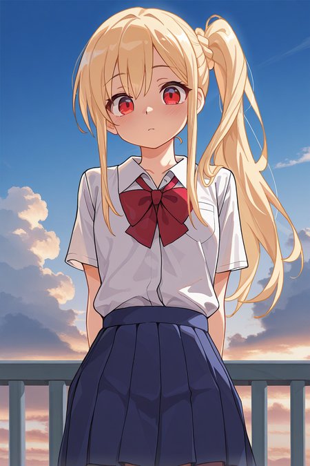 masterpiece, best quality, amazing quality,
 <lora:Lango_IL:1> lango, 1girl, blonde hair, solo, skirt, red eyes, shirt, cloud, side ponytail, white shirt, blue skirt, long hair, pleated skirt, bow, school uniform, sky, looking at viewer, red bow