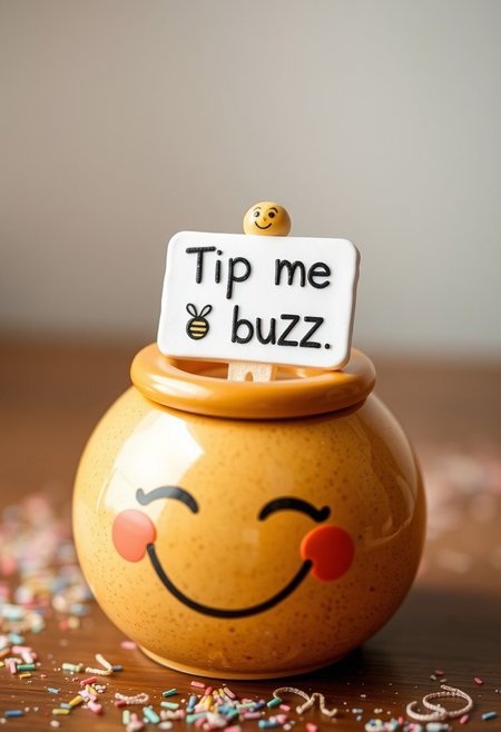 "A cheerful, ceramic cinnadust container, its surface a warm, golden brown, beamed with joy, as it held a tiny, white sign, adorned with the words "Tip me buzz so I can create" in bold, playful lettering. A stylized, buzzing bee emoji 🐝 hovered above the sign, adding a touch of whimsy and energy to the overall image. The container's lid, a delicate, curved shape, seemed to smile, as if it were a tiny, ceramic face, radiating happiness and enthusiasm. The sign, held aloft by a tiny, ceramic hand, seemed to glow with a soft, warm light, as if it were a beacon of artistic expression, calling out to all who passed by. A sprinkle of colorful, swirly patterns danced across the container's surface, adding a touch of playfulness and creativity to the overall image."