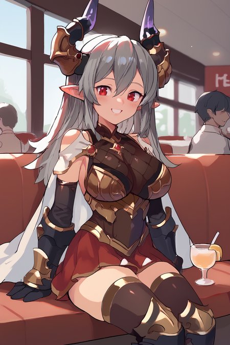 (score_9, score_8_up, score_7_up), source anime,  <lora:gbf_threo_ponyXL:0.7> , threodef, long hair, grey hair, horns, pointy ears, white cape, armor, sleeveless, black gloves, elbow gloves, red skirt, miniskirt, black thighhighs, armored boots, large breasts,  smile,  <lora:Slammo_Artstyle:1> , source_cartoon, sitting, sitting in restaurant, restaurant, romantic, blush, beautiful, elegant, upper body, indoors, interior, red eyes, looking at viewer,