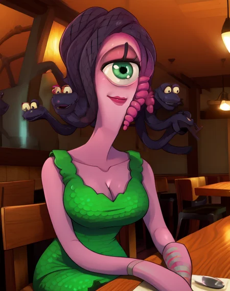 Celia,snake hair,pink skin,cyclops,green eyes,
green dress,
sitting,upper body,smile,cleavage cutout,
restaurant,no humans,
(insanely detailed, beautiful detailed face, masterpiece, best quality),solo,
<lora:CeliaMae:1>,