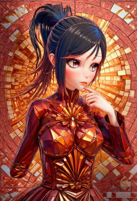 mural of a woman in the style of alphonse mucha made of separate tiles, dark red neon light shines through the tiles, 3d textures, 3d blocks, 3d shadows <lora:ral-bismut:1> ral-bismut , (masterpiece:1.2), best quality, (hyperdetailed, highest detailed:1.2), high resolution textures,ponytail