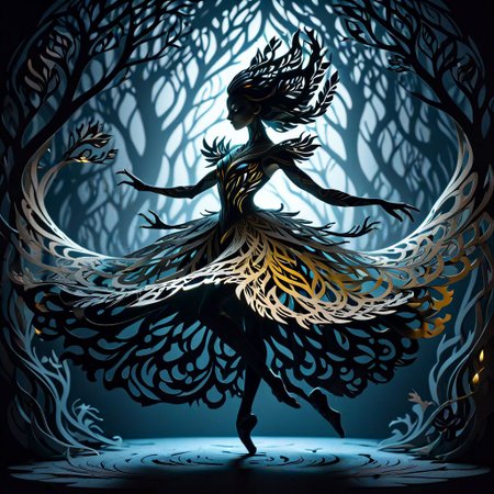 artpkplnt, illustration, dancer in the dark, 4k, uhd, warlock, masterpiece, Artpprct, in the style of papercutting